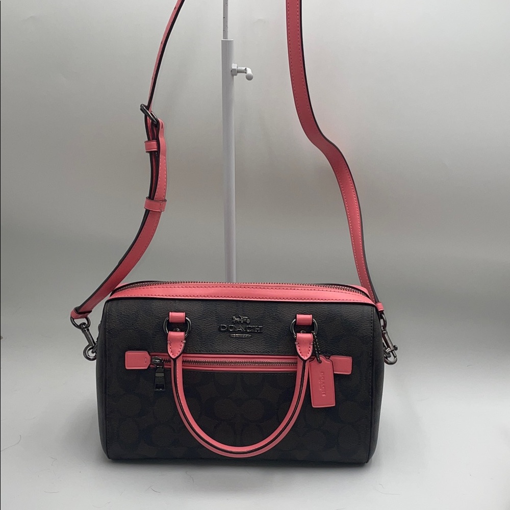 Coach Brown Signature Crossbody Bag with Pink Trim